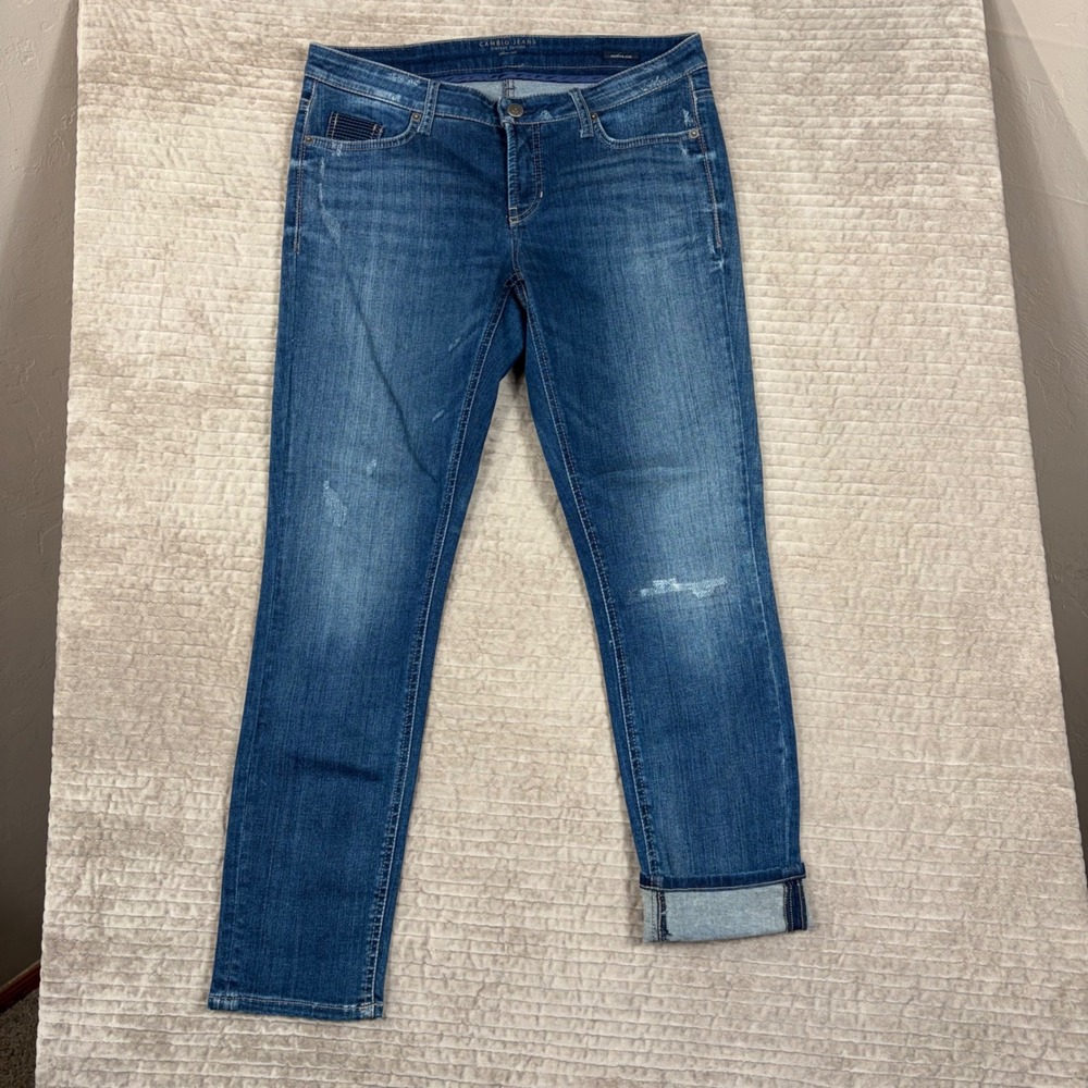 Cambio Jeans Vintage Edition Modern Rise Slim Medium Wash Distressed Sequins 33